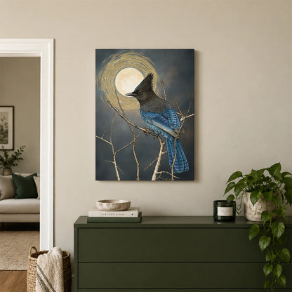 Steller's Jay Under Forest Moonlight Canvas Print