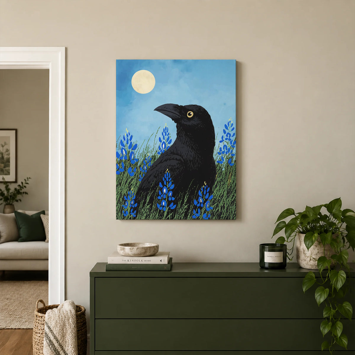 Moonlit Raven & Bluebonnets Canvas Print