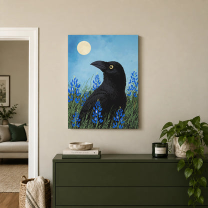 Moonlit Raven & Bluebonnets Canvas Print