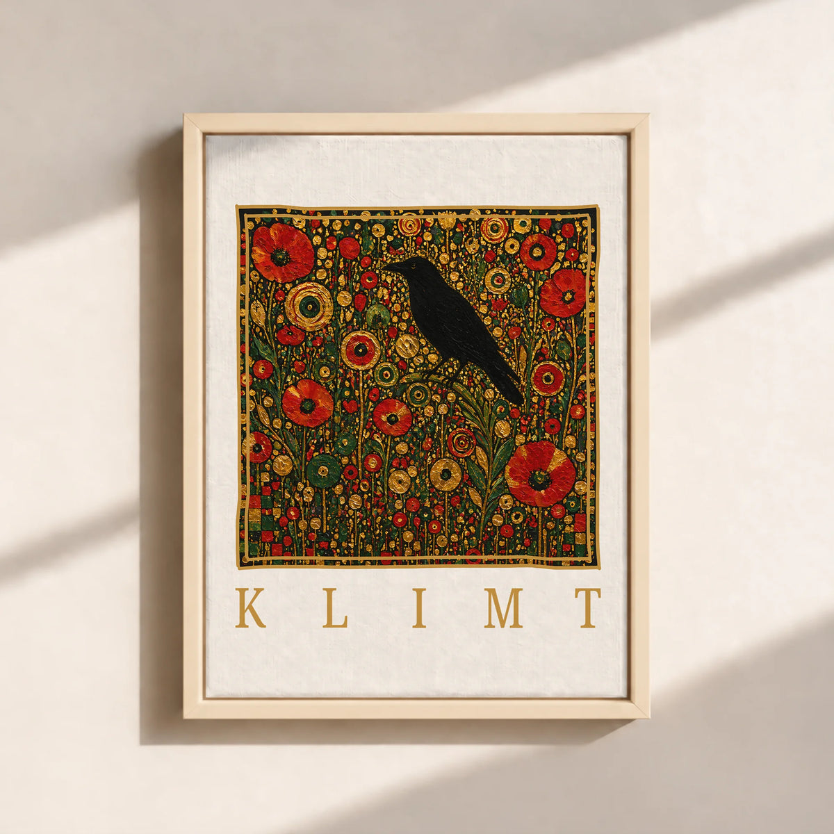 Klimt Raven In Flower Filed Canvas Print (Framed)