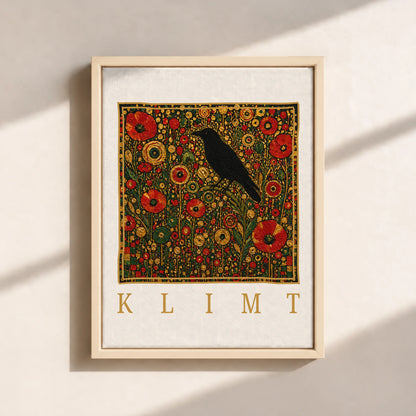 Klimt Raven In Flower Filed Canvas Print (Framed)