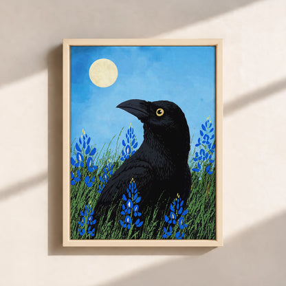Moonlit Raven & Bluebonnets Canvas Print (Framed)