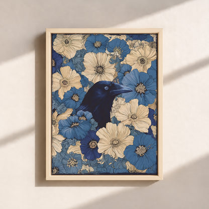 Raven In Flower Field Canvas Print (Framed)