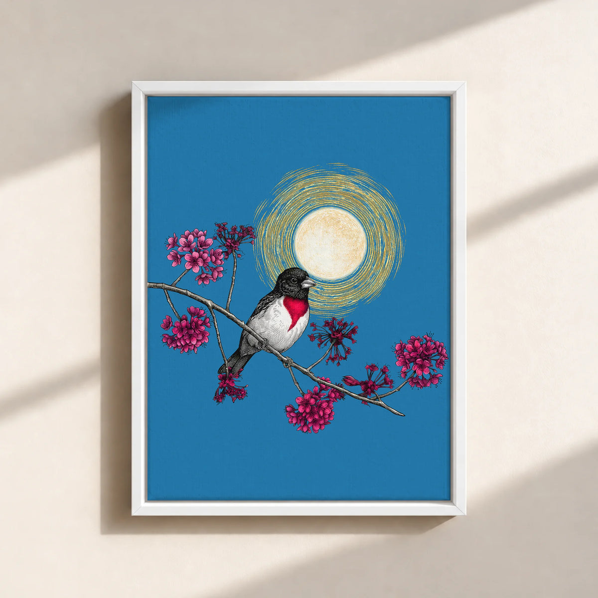 Grosbeak Under Forest's Moonlight Canvas Print (Framed)
