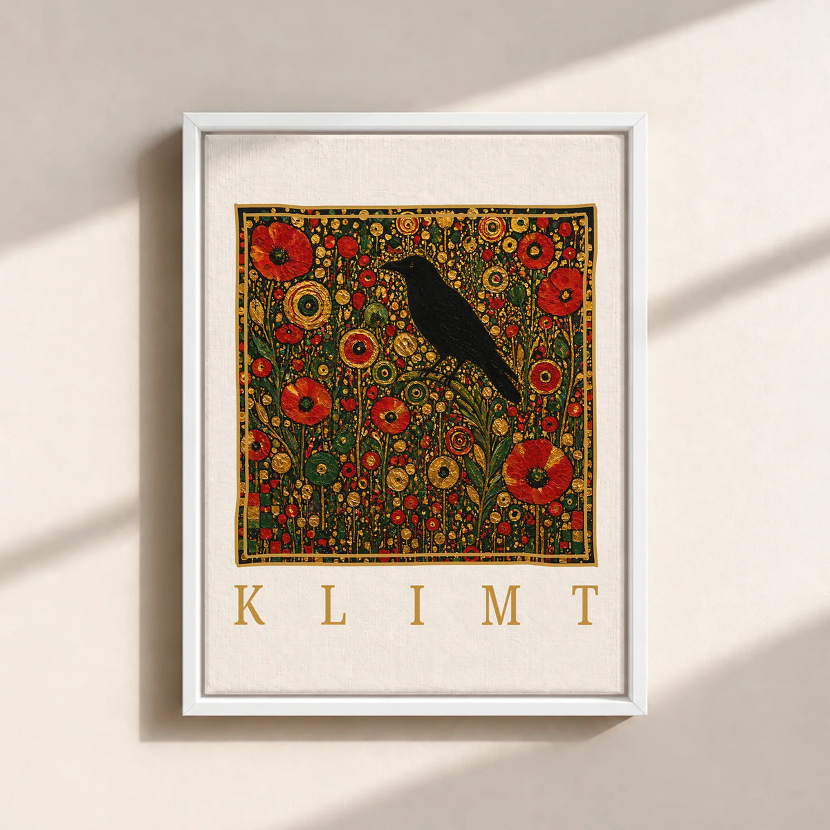 Klimt Raven In Flower Filed Canvas Print (Framed)