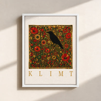 Klimt Raven In Flower Filed Canvas Print (Framed)
