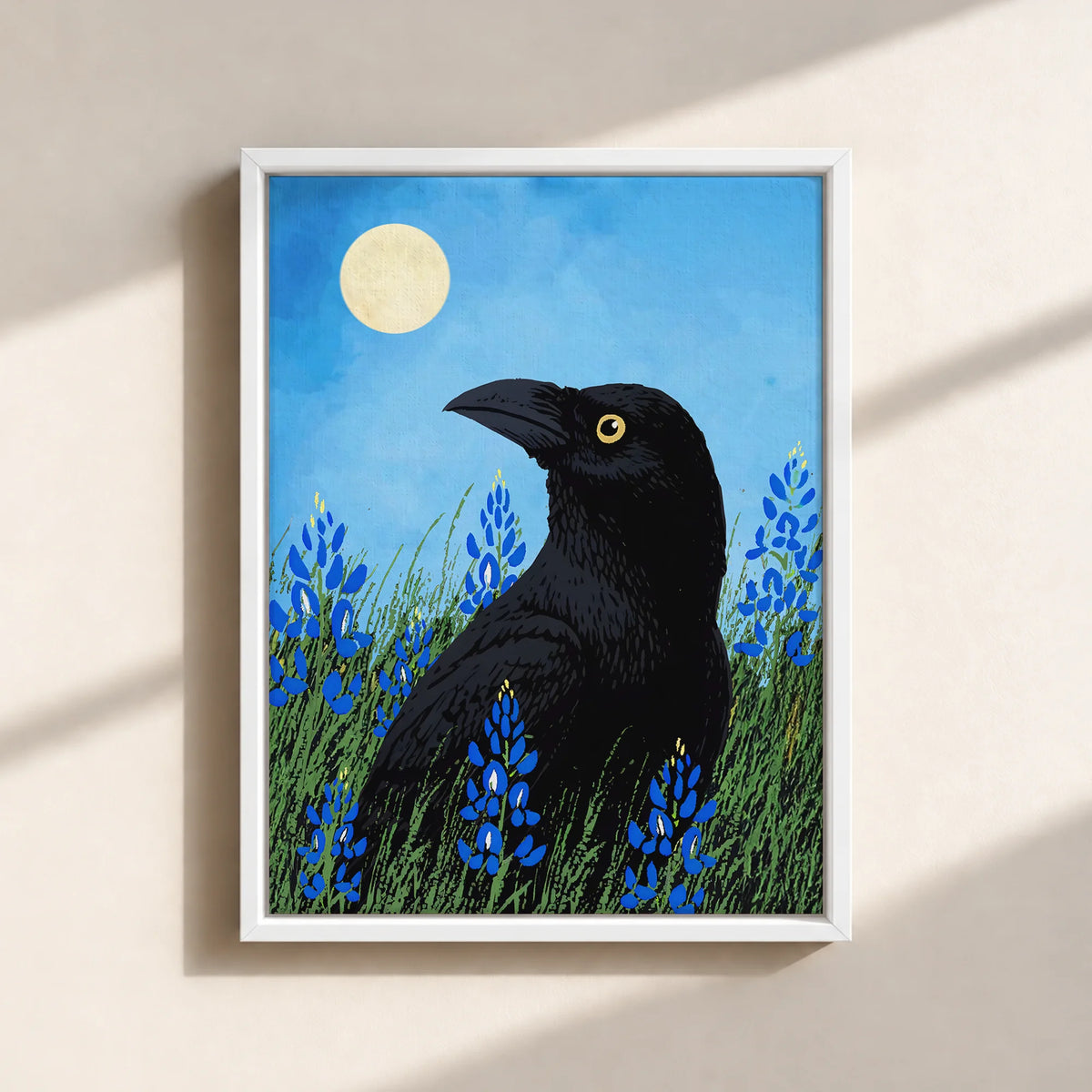 Moonlit Raven & Bluebonnets Canvas Print (Framed)
