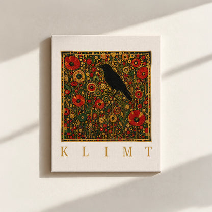 Klimt Raven In Flower Filed Canvas Print