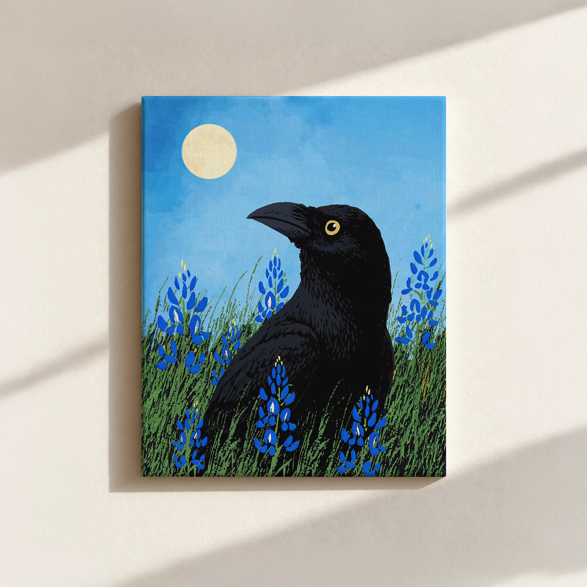 Moonlit Raven & Bluebonnets Canvas Print
