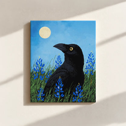 Moonlit Raven & Bluebonnets Canvas Print