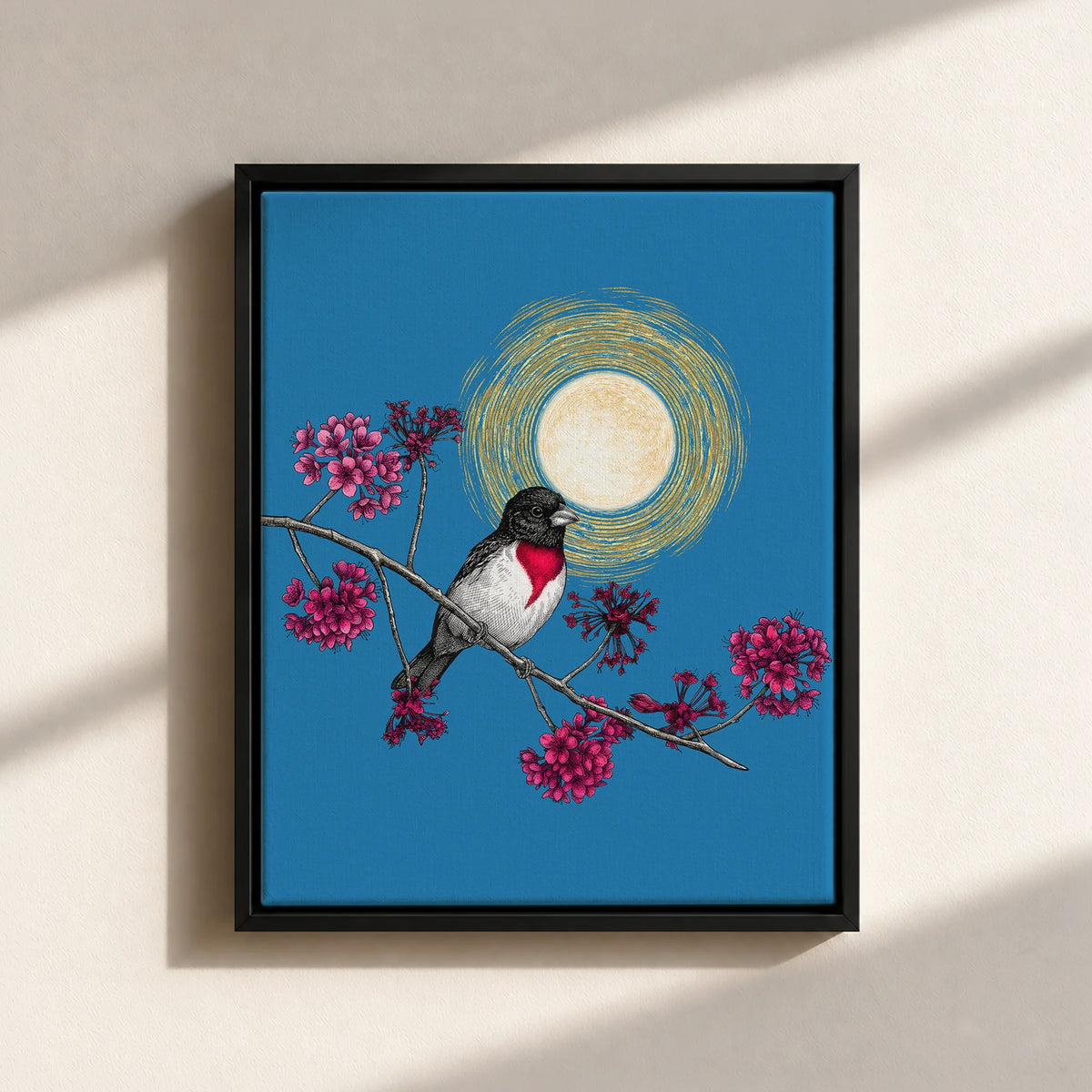 Grosbeak Under Forest's Moonlight Canvas Print (Framed)
