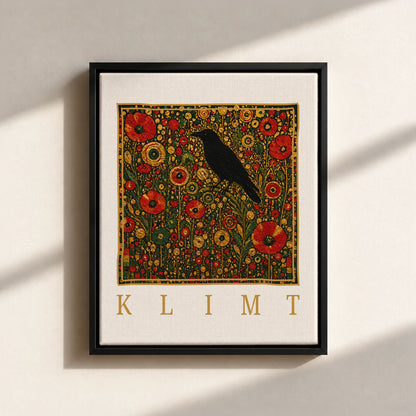 Klimt Raven In Flower Filed Canvas Print (Framed)