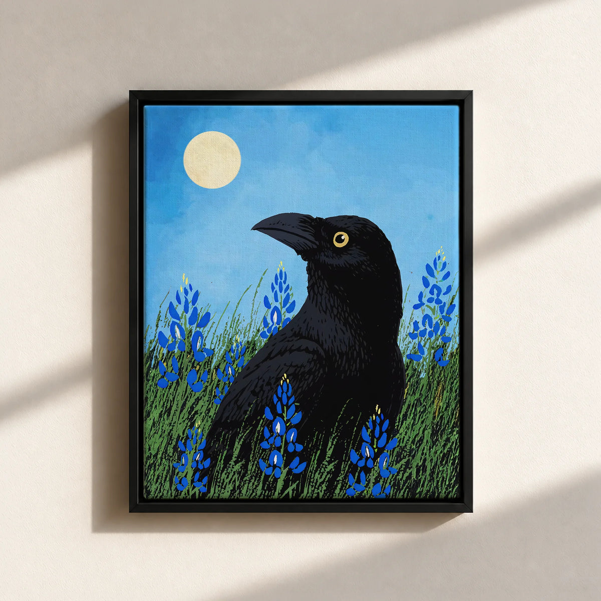 Moonlit Raven & Bluebonnets Canvas Print (Framed)