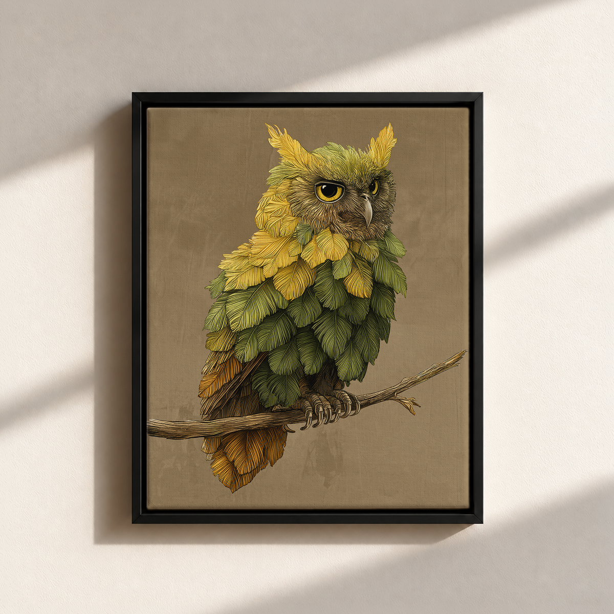Owl Made By Leaves Canvas Print (Framed)