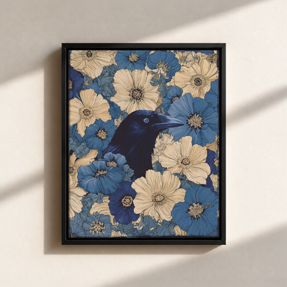 Raven In Flower Field Canvas Print (Framed)
