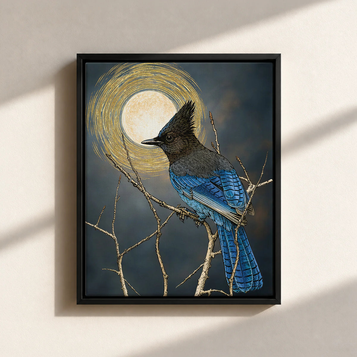 Steller's Jay Under Forest Moonlight Framed Canvas Print