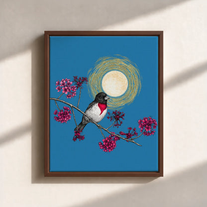 Grosbeak Under Forest's Moonlight Canvas Print (Framed)