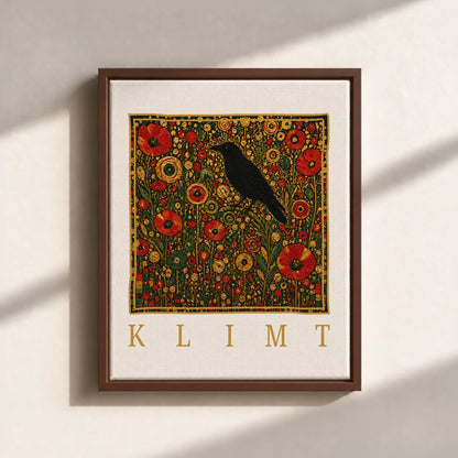Klimt Raven In Flower Filed Canvas Print (Framed)