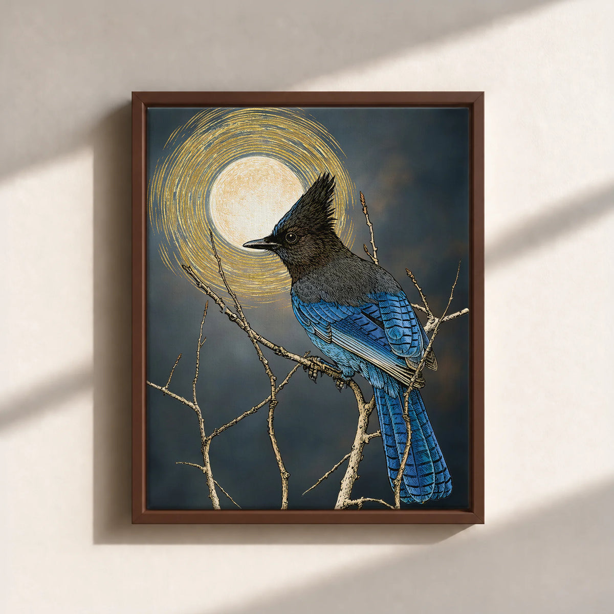 Steller's Jay Under Forest Moonlight Framed Canvas Print