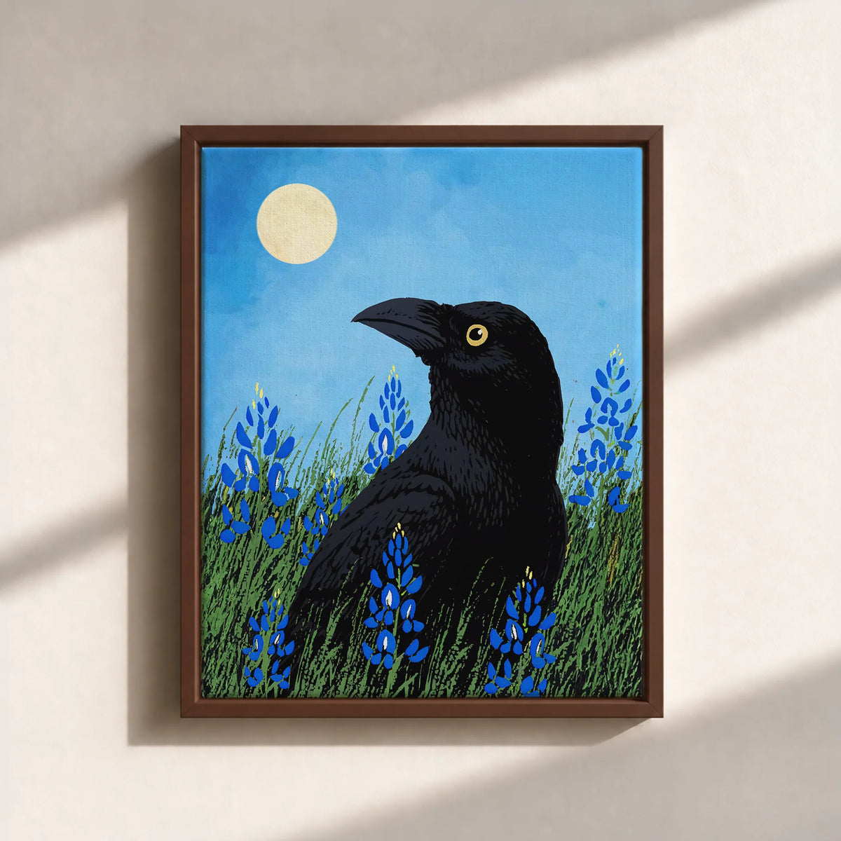 Moonlit Raven & Bluebonnets Canvas Print (Framed)