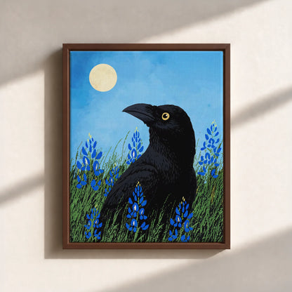 Moonlit Raven & Bluebonnets Canvas Print (Framed)