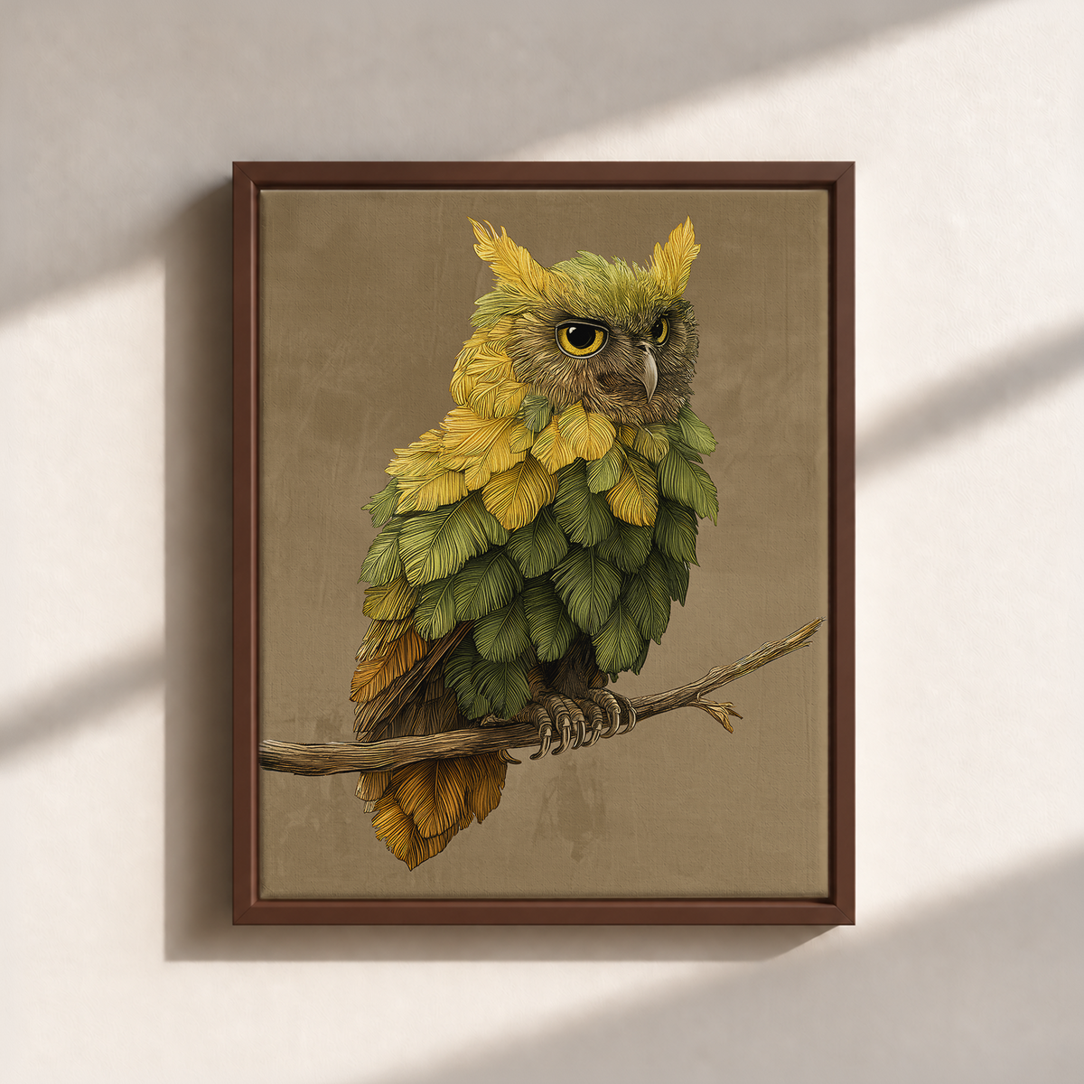 Owl Made By Leaves Canvas Print (Framed)
