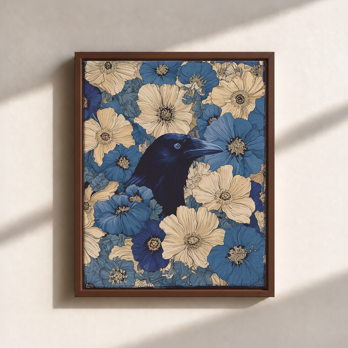 Raven In Flower Field Canvas Print (Framed)