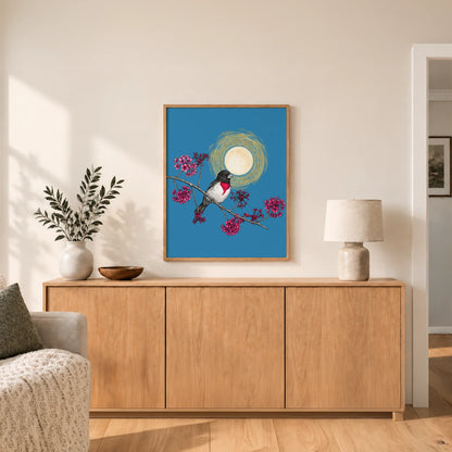 Grosbeak Under Forest's Moonlight Canvas Print (Framed)