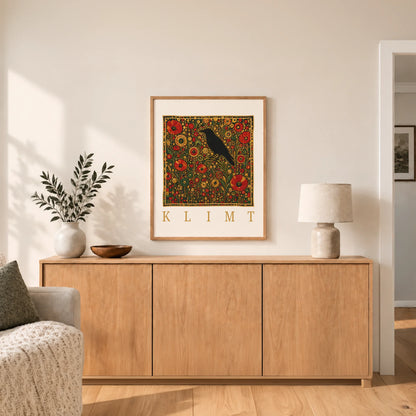 Klimt Raven In Flower Filed Canvas Print (Framed)
