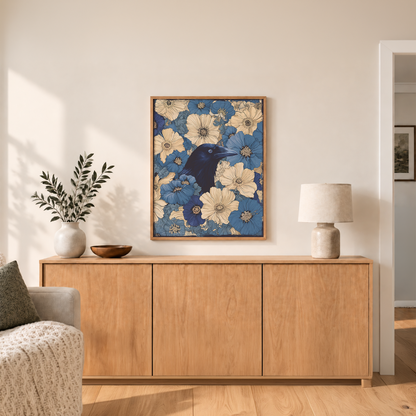 Raven In Flower Field Canvas Print (Framed)
