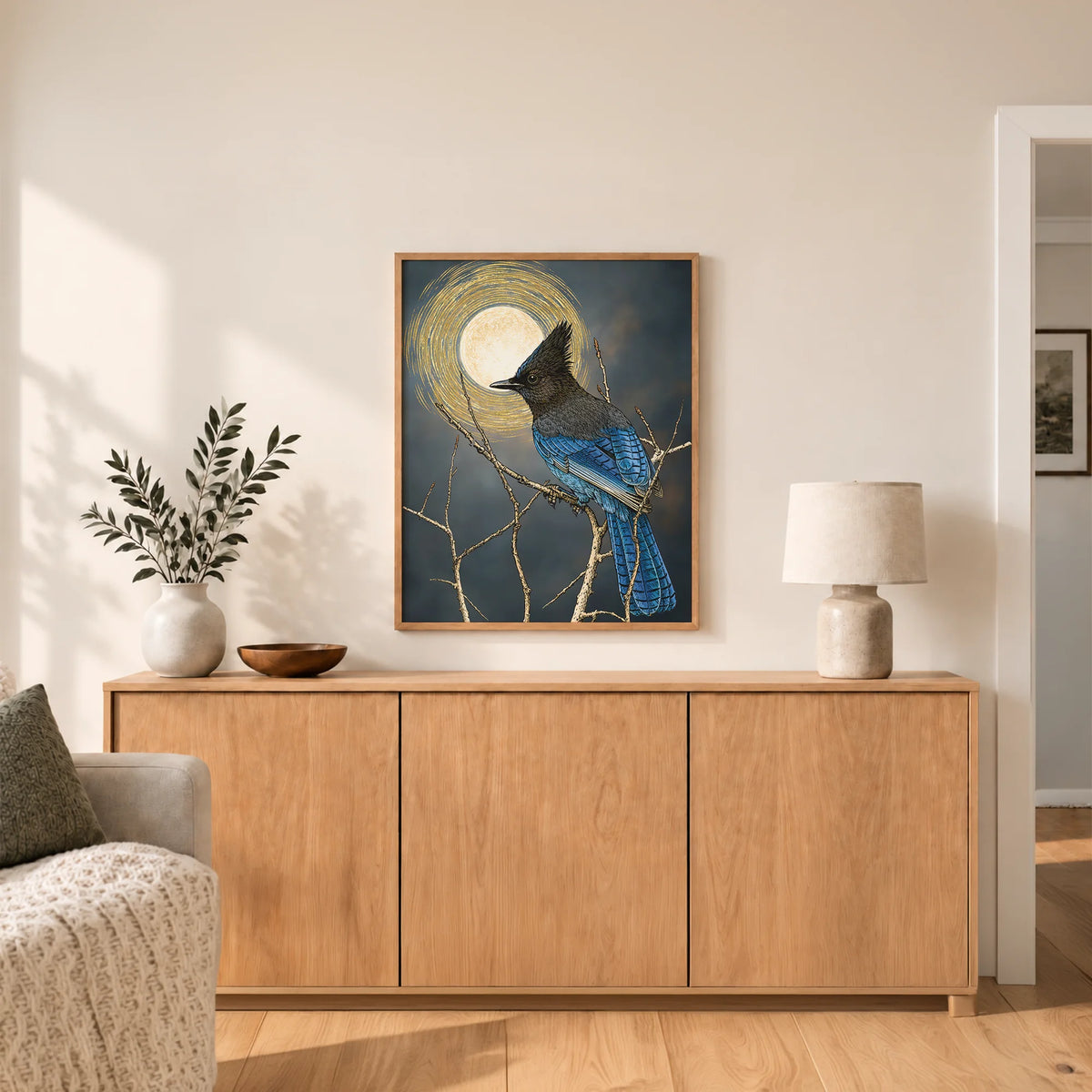 Steller's Jay Under Forest Moonlight Framed Canvas Print
