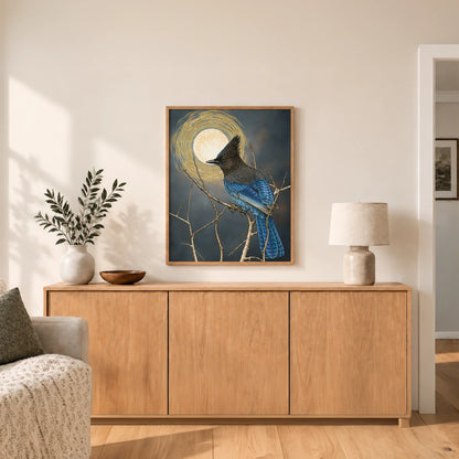 Steller's Jay Under Forest Moonlight Framed Canvas Print