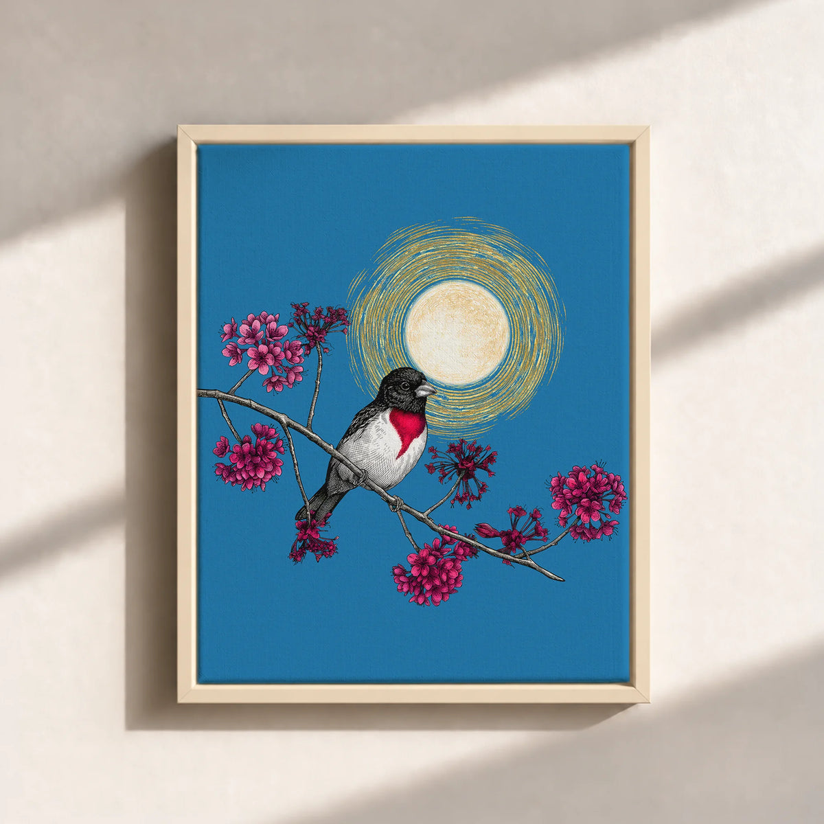 Grosbeak Under Forest's Moonlight Canvas Print (Framed)