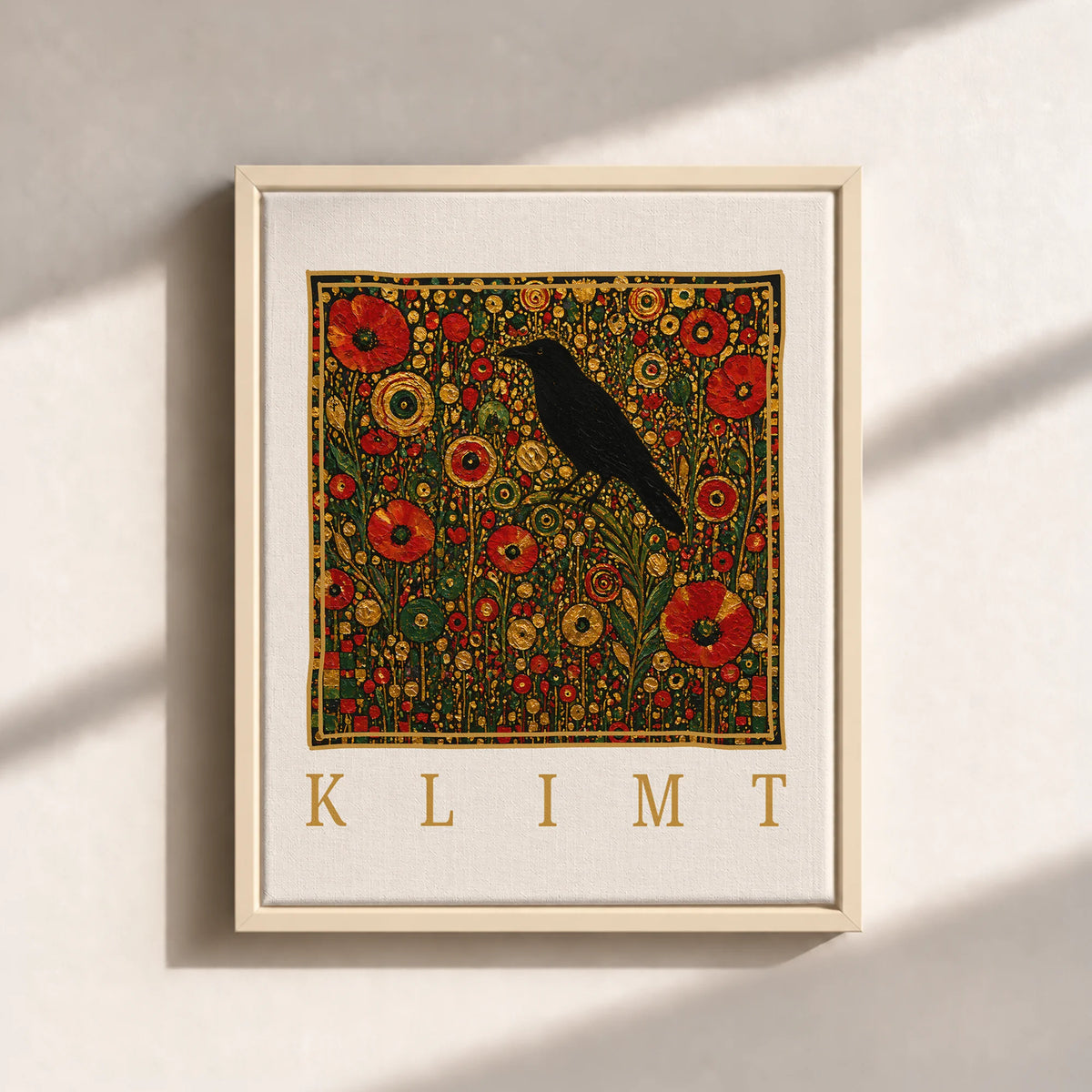Klimt Raven In Flower Filed Canvas Print (Framed)