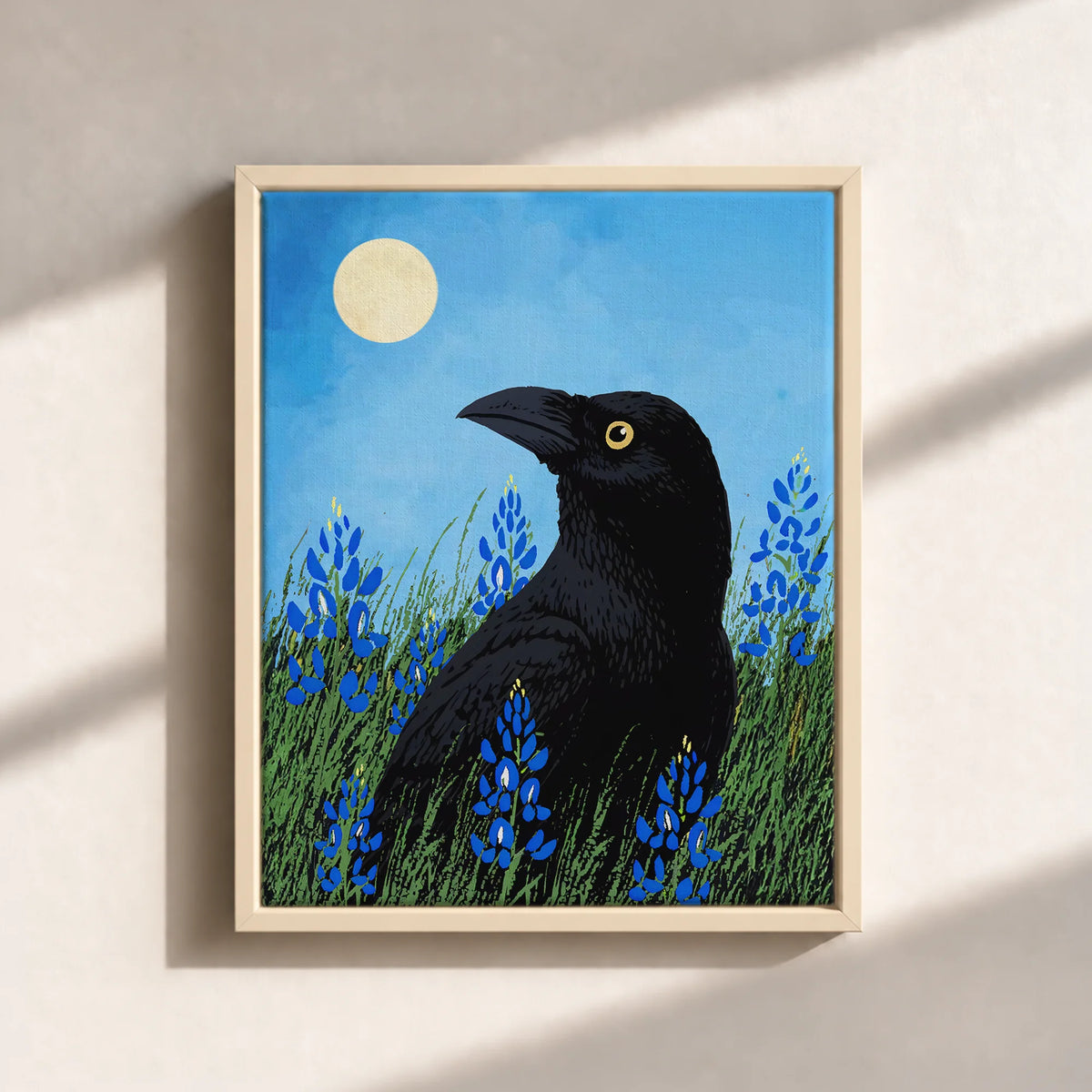 Moonlit Raven & Bluebonnets Canvas Print (Framed)