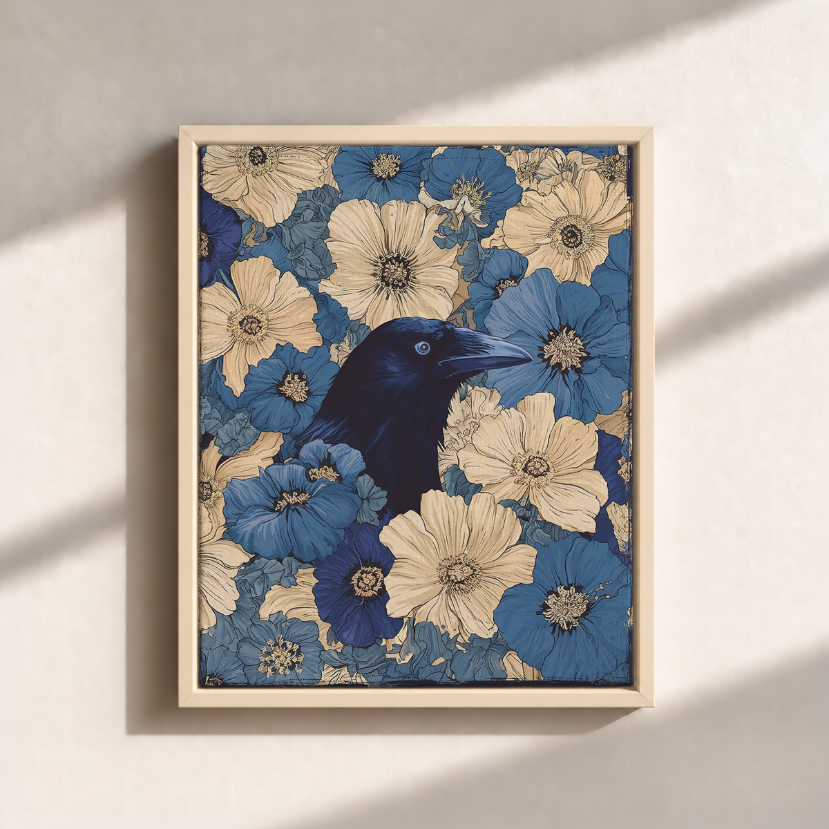 Raven In Flower Field Canvas Print (Framed)
