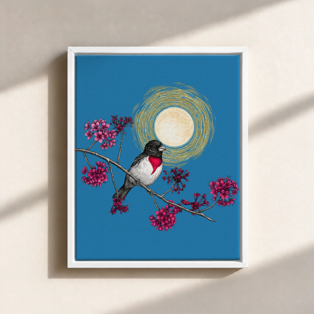 Grosbeak Under Forest's Moonlight Canvas Print (Framed)