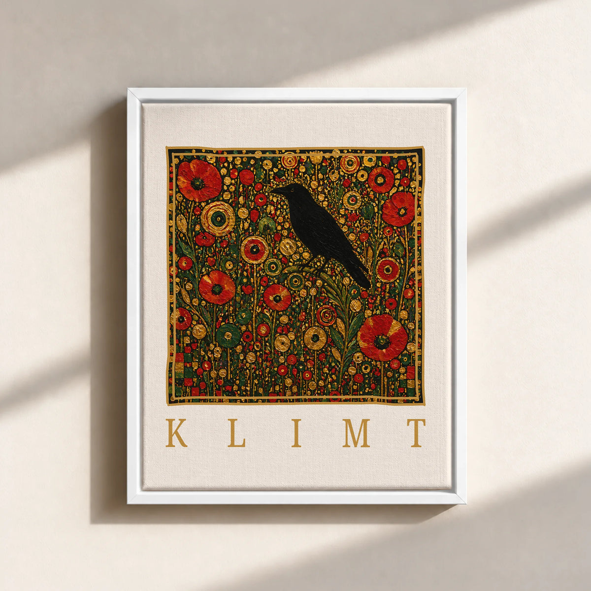Klimt Raven In Flower Filed Canvas Print (Framed)