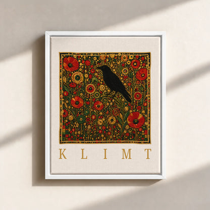 Klimt Raven In Flower Filed Canvas Print (Framed)