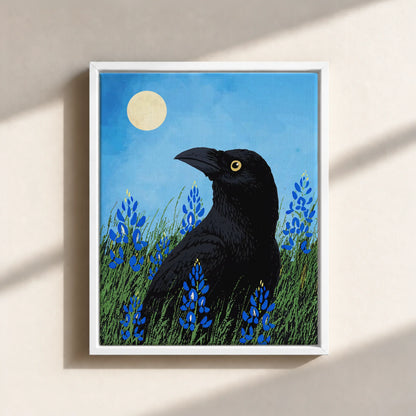 Moonlit Raven & Bluebonnets Canvas Print (Framed)