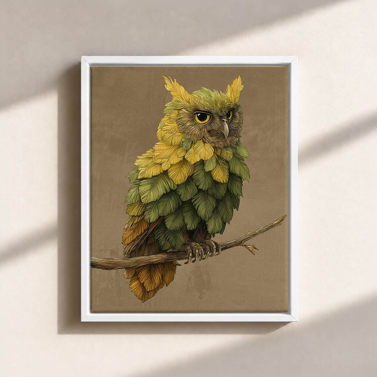 Owl Made By Leaves Canvas Print (Framed)
