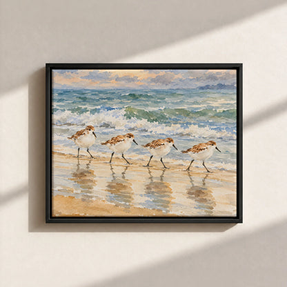 Sandpipers By The Shore Framed Canvas Print