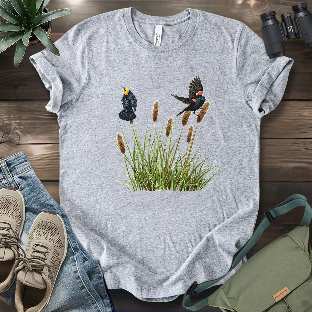 Blackbirds On Cattail Field T-shirt
