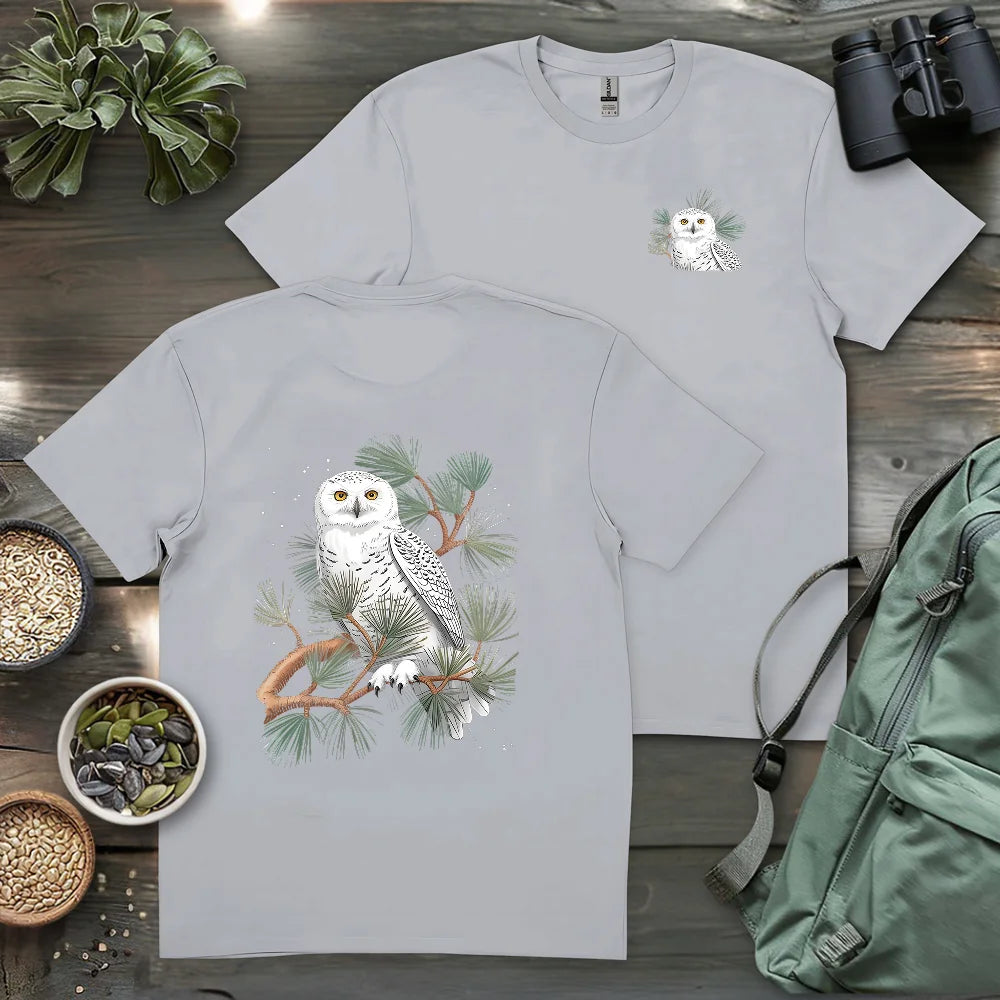 Snowy Owl On Coniferous Tree 2 Side T-shirt