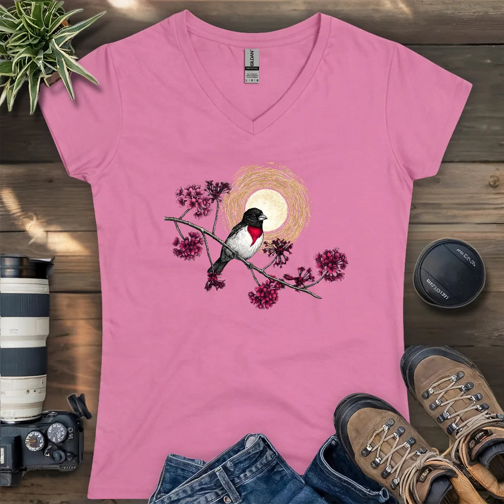Grosbeak Under Forest's Moonlight Lady V-neck