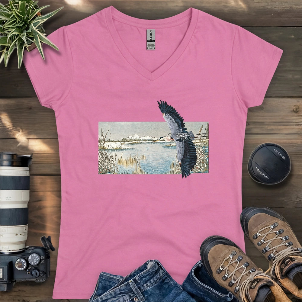 Heron Flying Over Marsh Lady V-neck