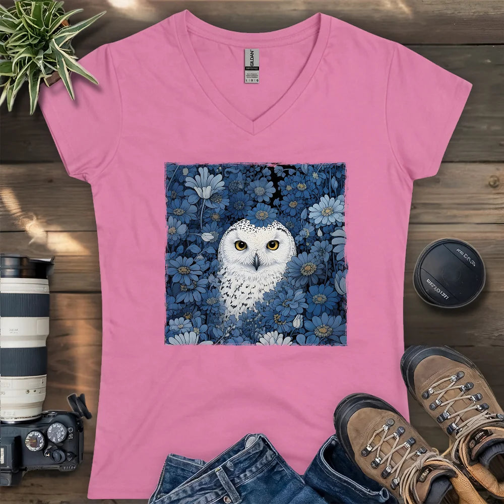 Snowy Owl In Flower Field Lady V-neck