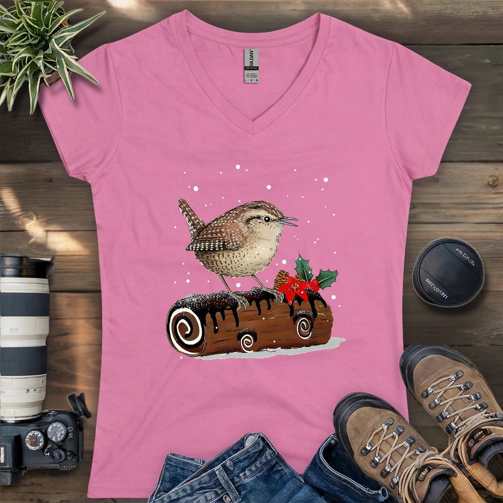 Winter Wren On Yule Log Lady V-neck