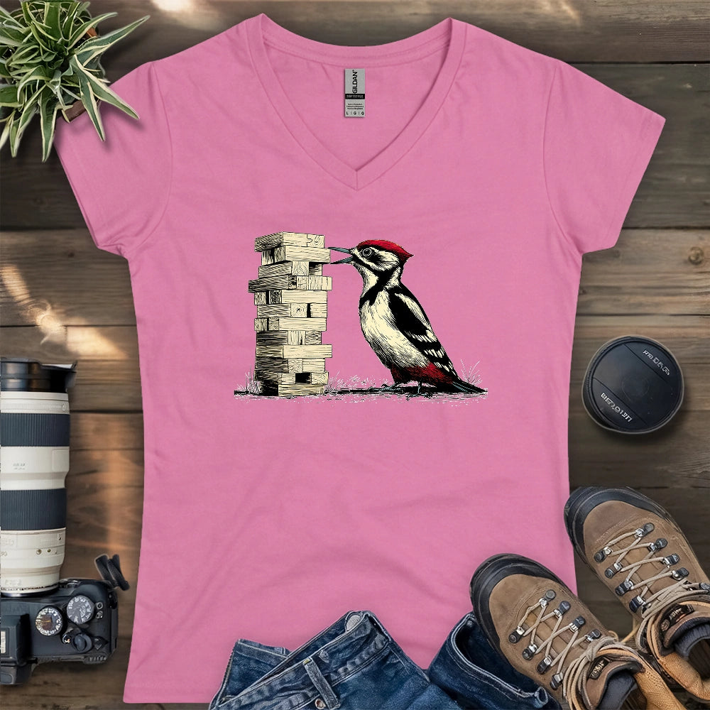 Woodpecker Playing Jenga Lady V-neck
