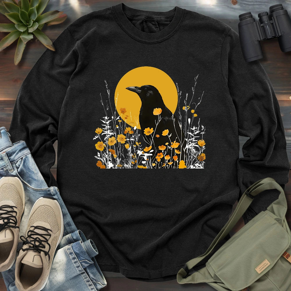 American Crow With Poppies Long Sleeve T-shirt
